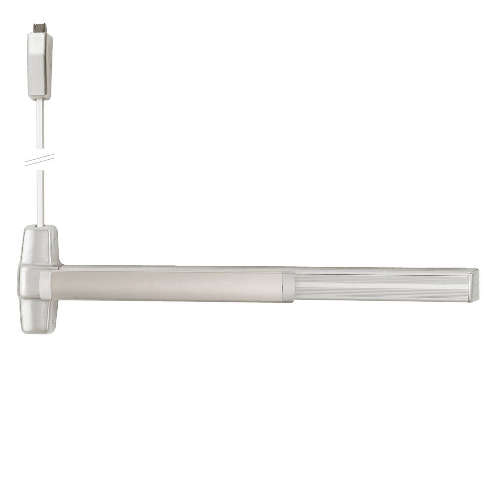 Von Duprin QEL9927EO-F 4 26D LBR Grade 1 Surface Vertical Rod Exit Bar, Wide Stile Pushpad, 48" Fire-rated Device, 84" Door Height, Exit Only, Less trim, Less Bottom Rod, Motorized Latch Retraction, Less Dogging, Satin Chrome Finish, Field Reversible